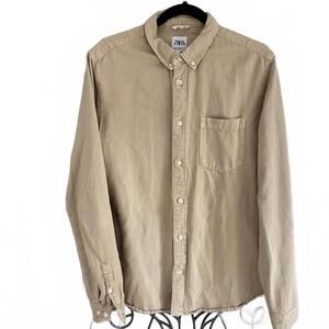 ZARA Men Casual Beige 100% Cotton Button Down Long-Sleeve Shirt - Medium